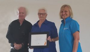 Mary O'Brien receiving 2017 Volunteer Award with David Wright (Ballina Mayor) & Gunela Astbrink (BR4R President).